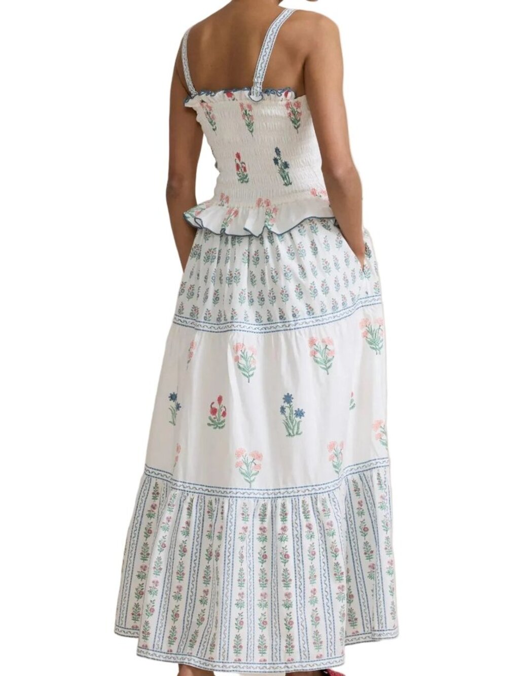Retro Granny Floral Smock Ruffle Frill Square Neck Tiered Side Pocket Maxi Dress - Picture 7 of 8